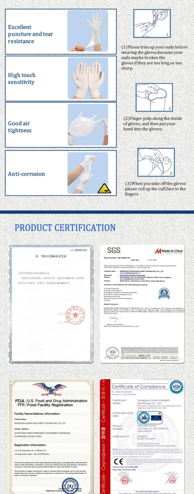 Disposable Non Sterile Latex Gloves Powder Free Food Nitrile Gloves Disposable Medical Examation Latex Gloves, CE FDA Certificate Protective Gloves