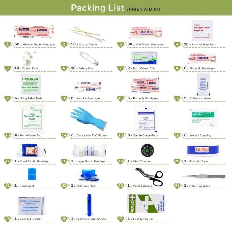 220PCS First Aid Kit for Car Home Travel Hiking Camping Outdoor Emergency Kits Green First Aid Bag
