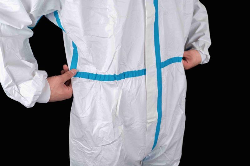 China Wholesale Type4/5/6 Dispsable Blue Tape Protective Coverall Waterproof Full-Body Gown