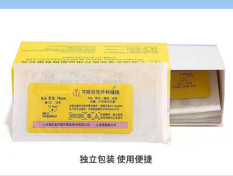 Absorbable Surgical Suture Thread with Needle, Medical Cosmetic Embedding Thread, PGA Ligation Thread, Sterile Angled Needle No. 6-0#