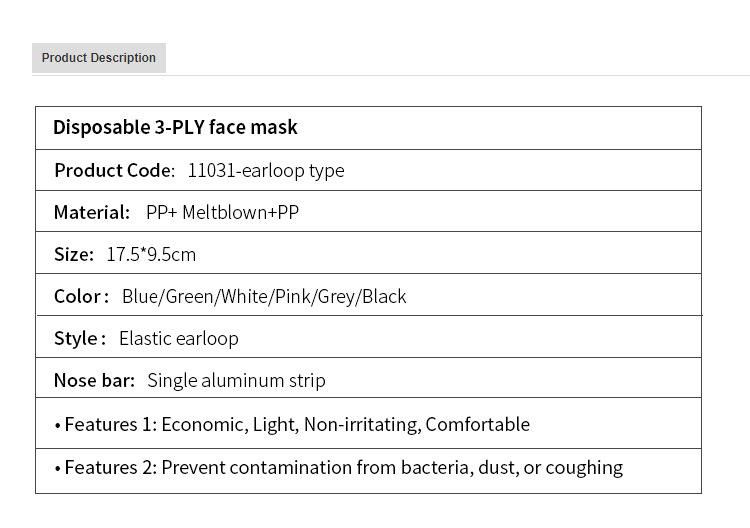 High Filtration Barrier Against Bacteria Breathable Disposable Anti Virus 3 Ply Face Mask in Stock