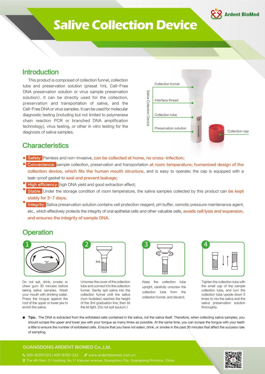 CE FDA Approved Disposable Saliva Self- Sampling Collection Kit with Funnel and Vtm for DNA Testing