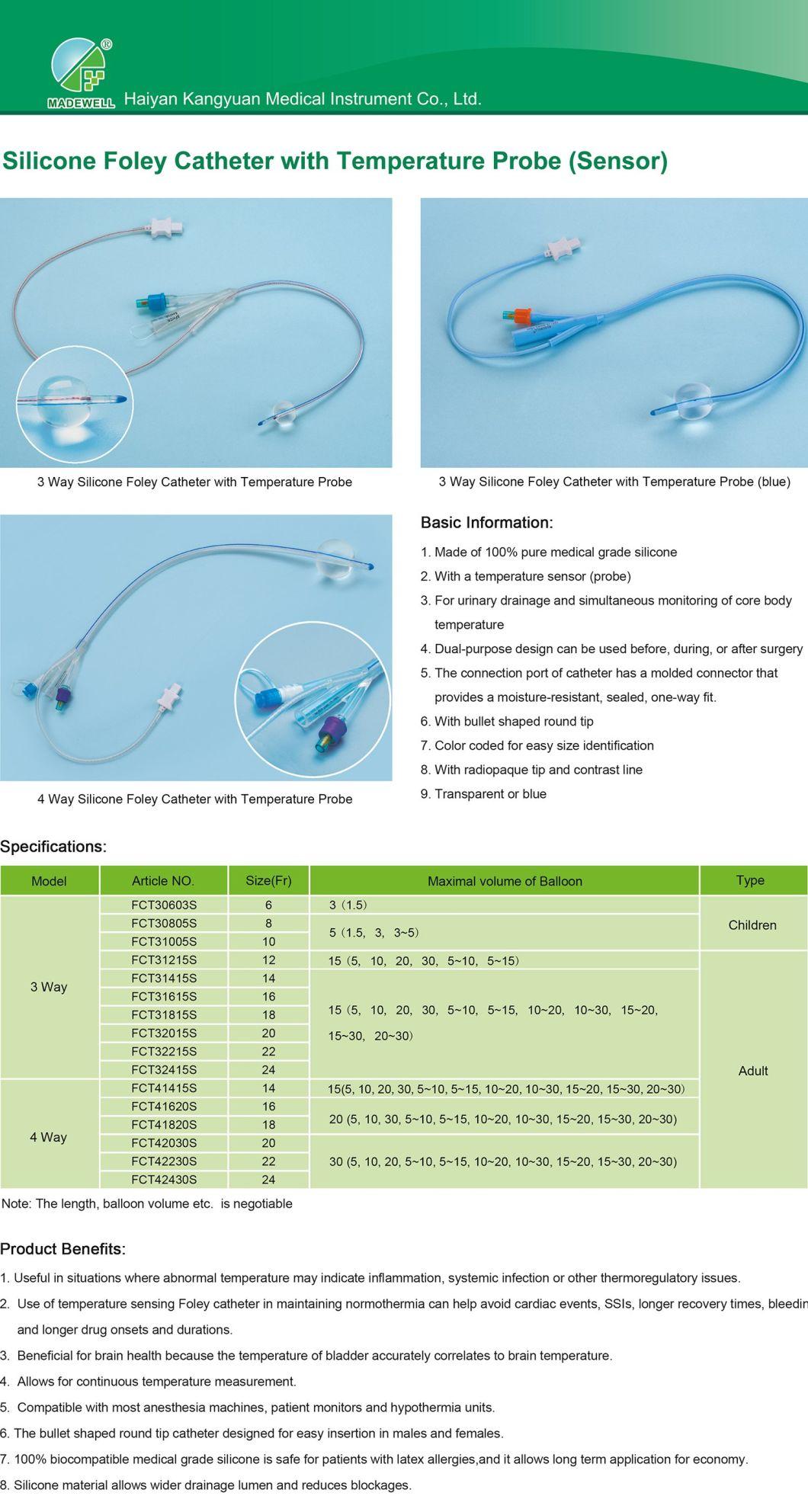 3 Way 4 Way Silicone Foley Catheter with Temperature Sensor Probe Round Tipped