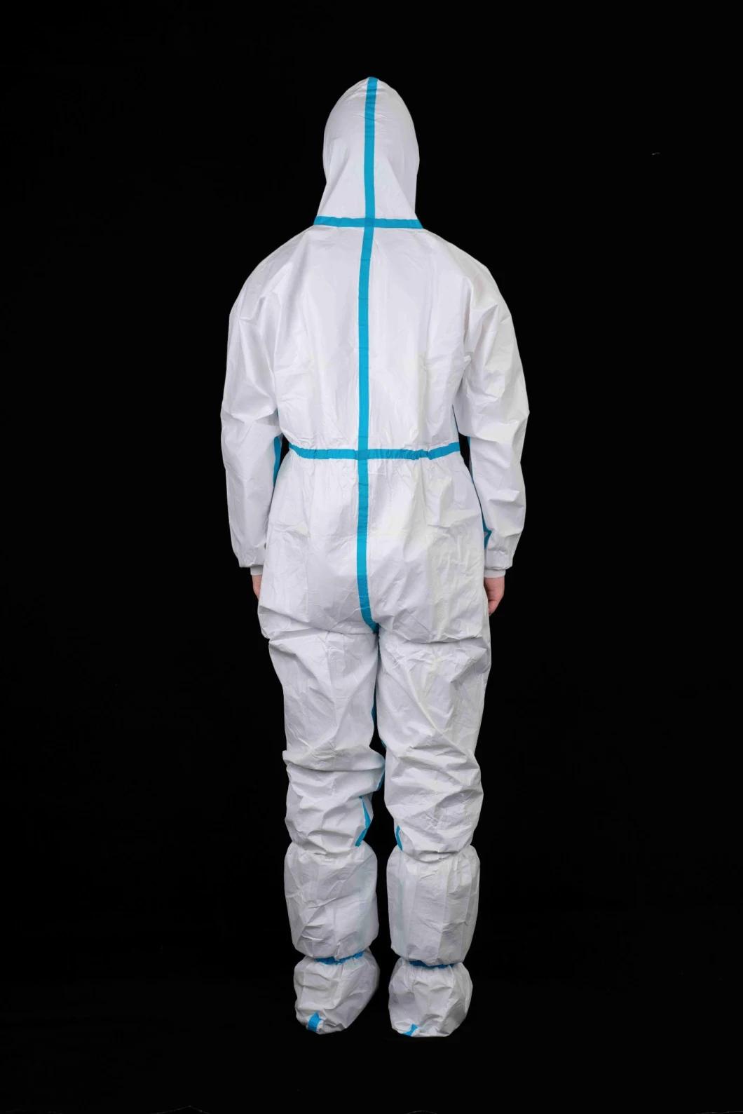 Full-Body Gown Disposable Type4/5/6 White Coverall with Heat Sealed Blue Tape