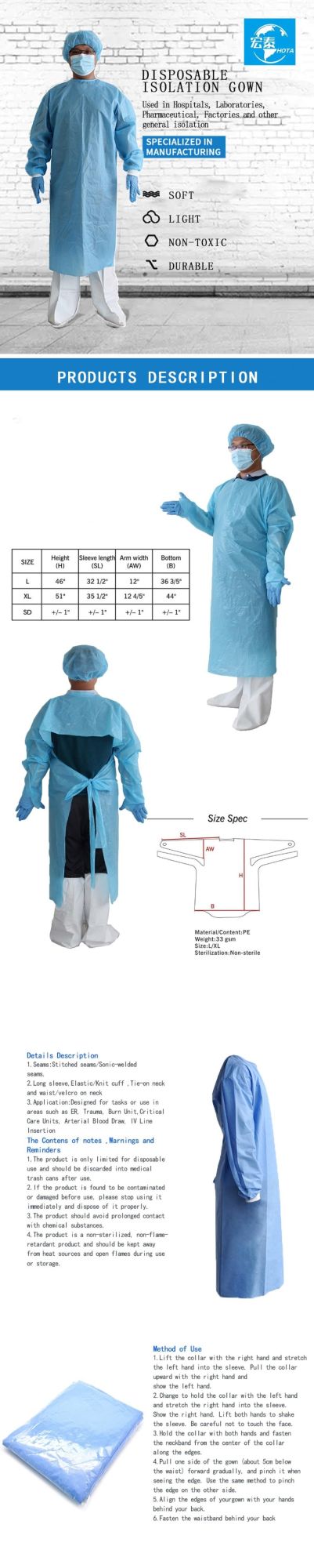 Level 1/2/3 Non Woven Medical Surgical Disposable Isolation Gown Reinforced Gown for Hospital/Clinic with SMS/CPE/PP Yellow Blue White, Tender Support