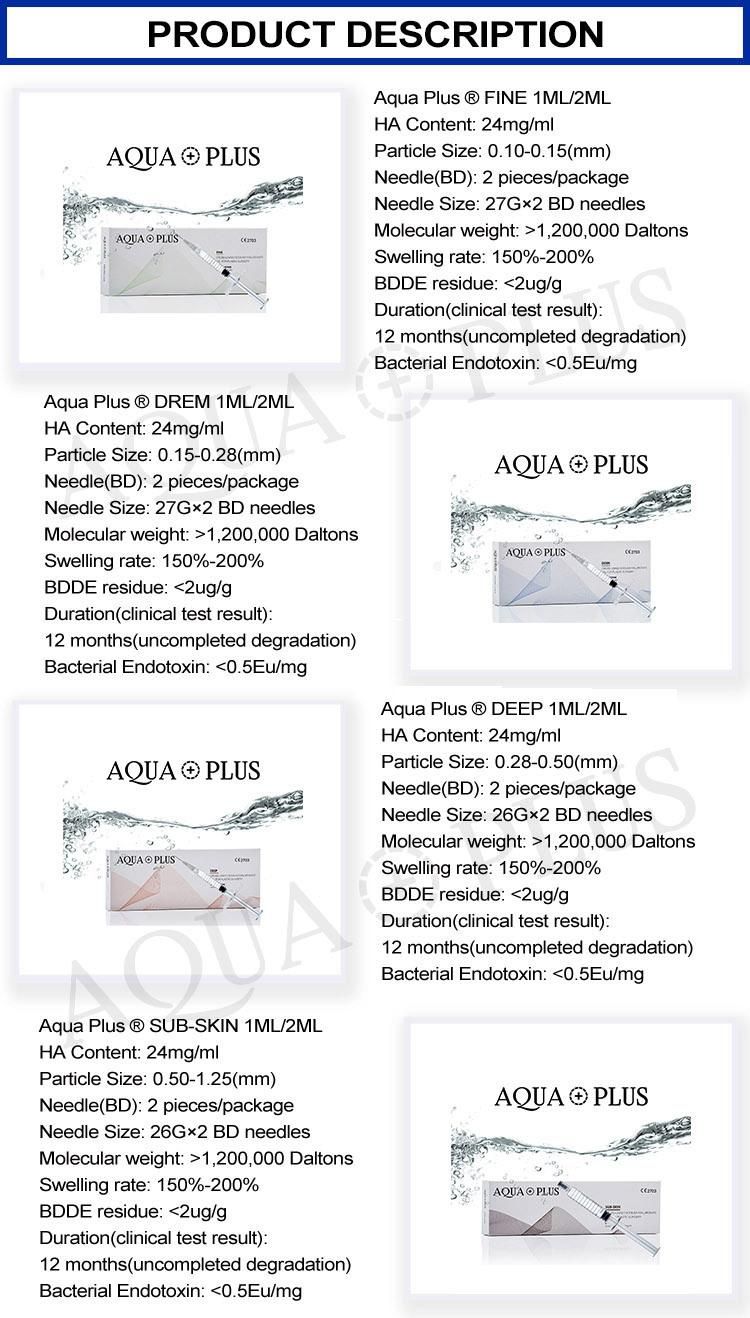 Aqua Plus Ce ISO Certified Non-Animal Fermentation Cross-Linked Cohesive Hyaluronic Acid Filler 24mg/Ml/Fine/Derm/Deep/Sub-Skin