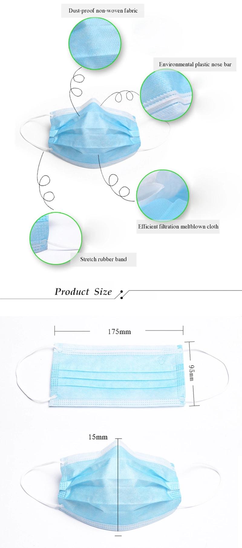 Blue Comfortable Procedure Air Pollution Hypoallergenic Disposable 3 Ply Mask with Custom Logo