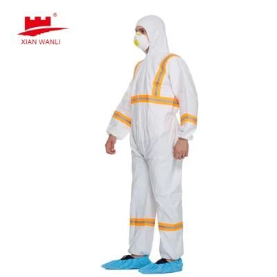 Yellow Microporous Coverall PP+PE PPE Full Body Protection Work Suit Clothing with Red Tape