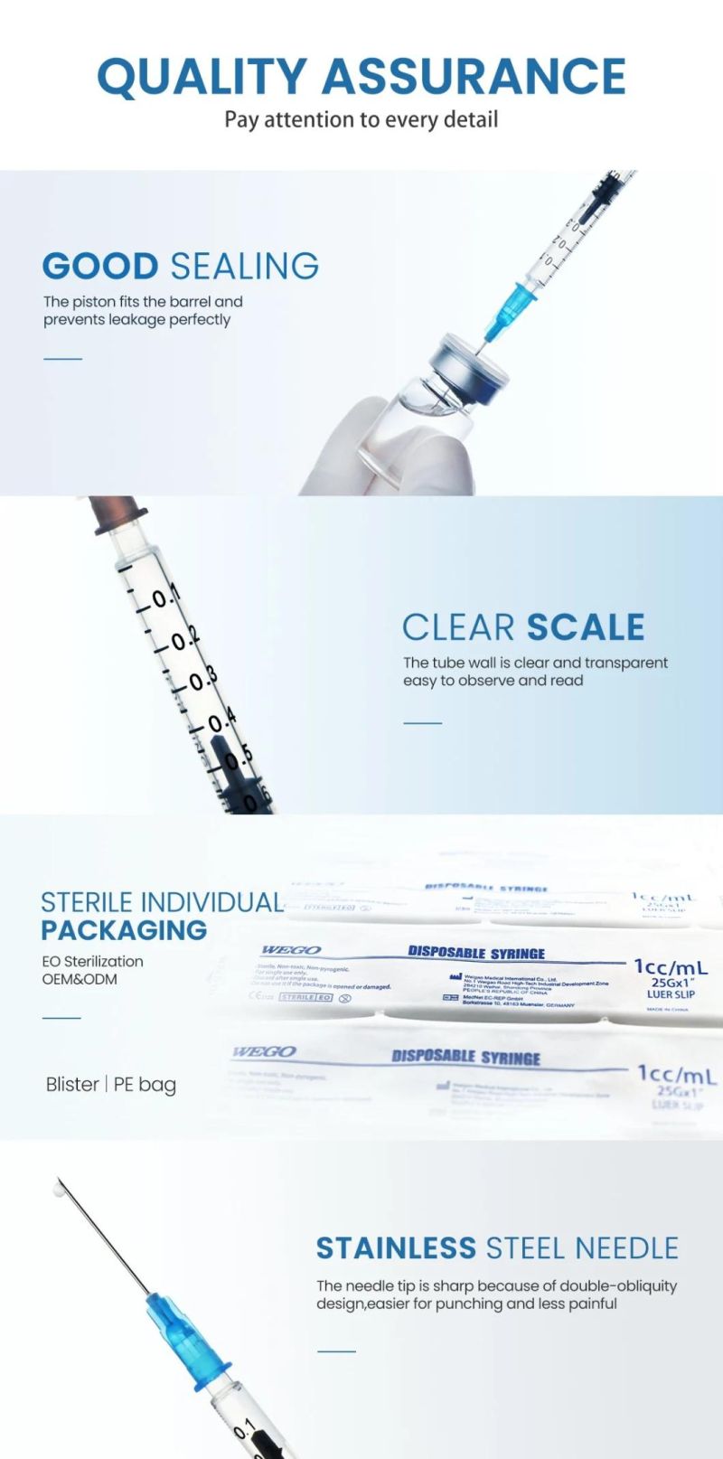 Wego Medical Sterile Hypodermic Three-Parts 1ml Luer Slip Luer Lock Disposable Vaccine Injector