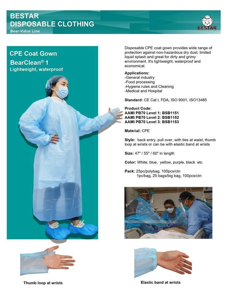 Economical Medical AAMI PB70 Level 1 Level 2 Level 3 CPE Coat Gown Apron Gown CPE Gown