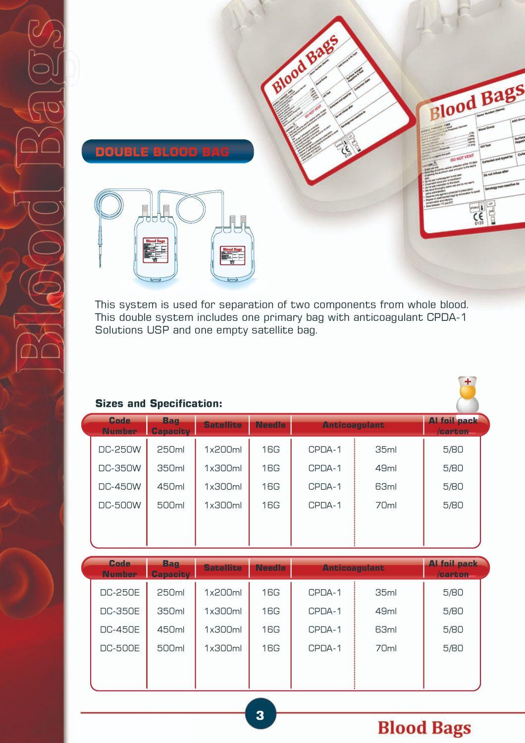 Disposable Double Blood Bag with Needle Protector/Collection Tube/Double Blood Bag