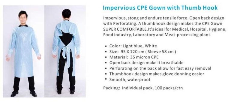 Free Samples Medical Wholesale Disposable Surgical Isolation CPE Gown with Thumb Loop