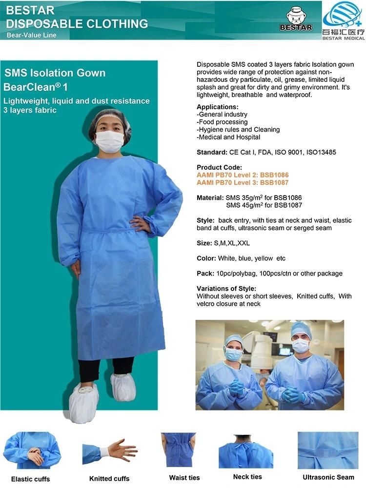 AAMI PB70 Level 2/3 Disposable Nonwoven SMS Hospital Medical Isolation Gown