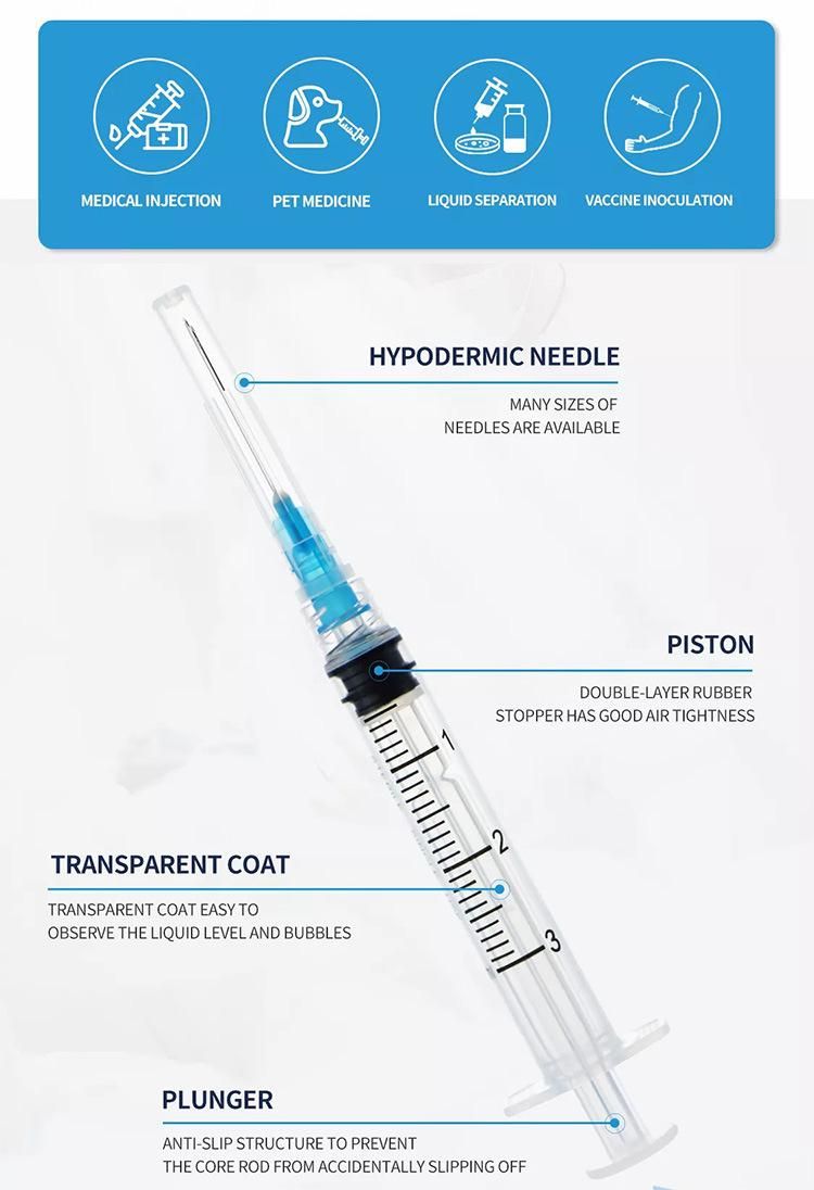 Medical Disposable Sterile Safety Syringe Luer Lock/Slip Lock 3-Part Syringe for Hospital