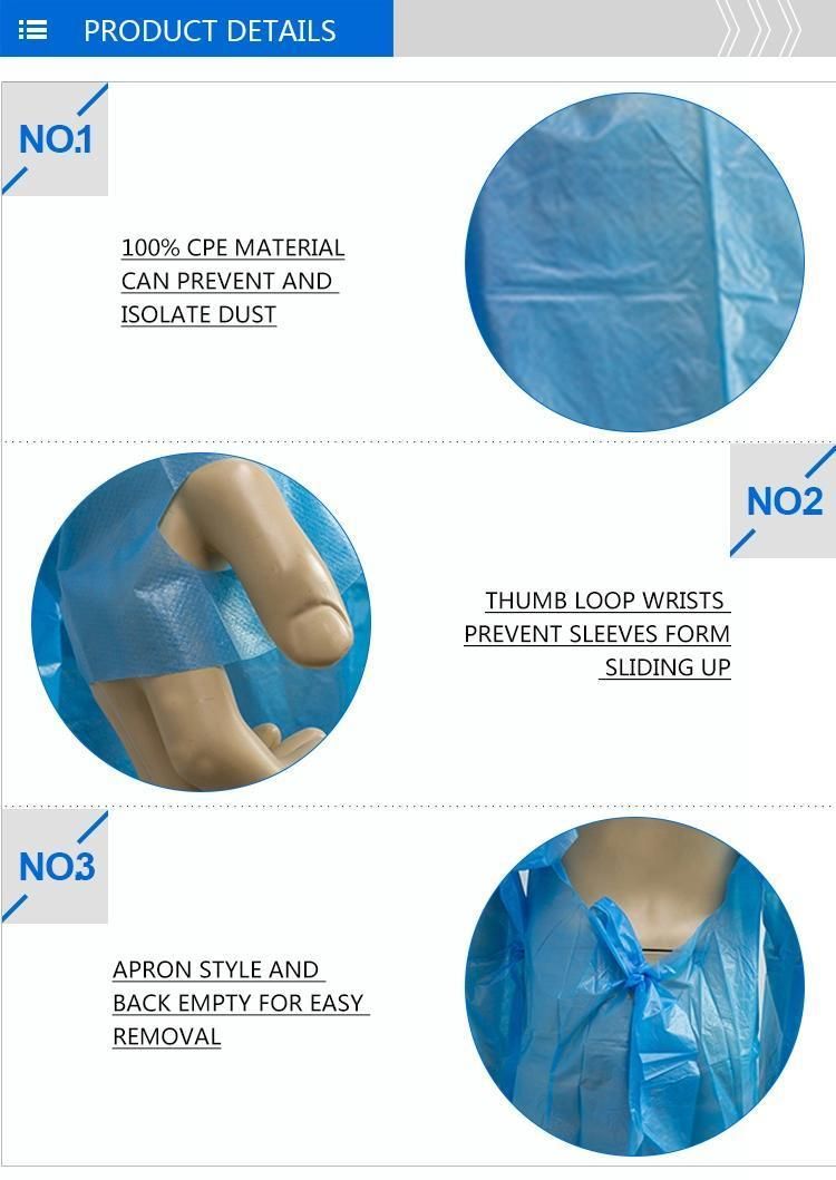 Manufacturer Hospital Disposable Waterproof CPE Coat Gown with Thumb Hole