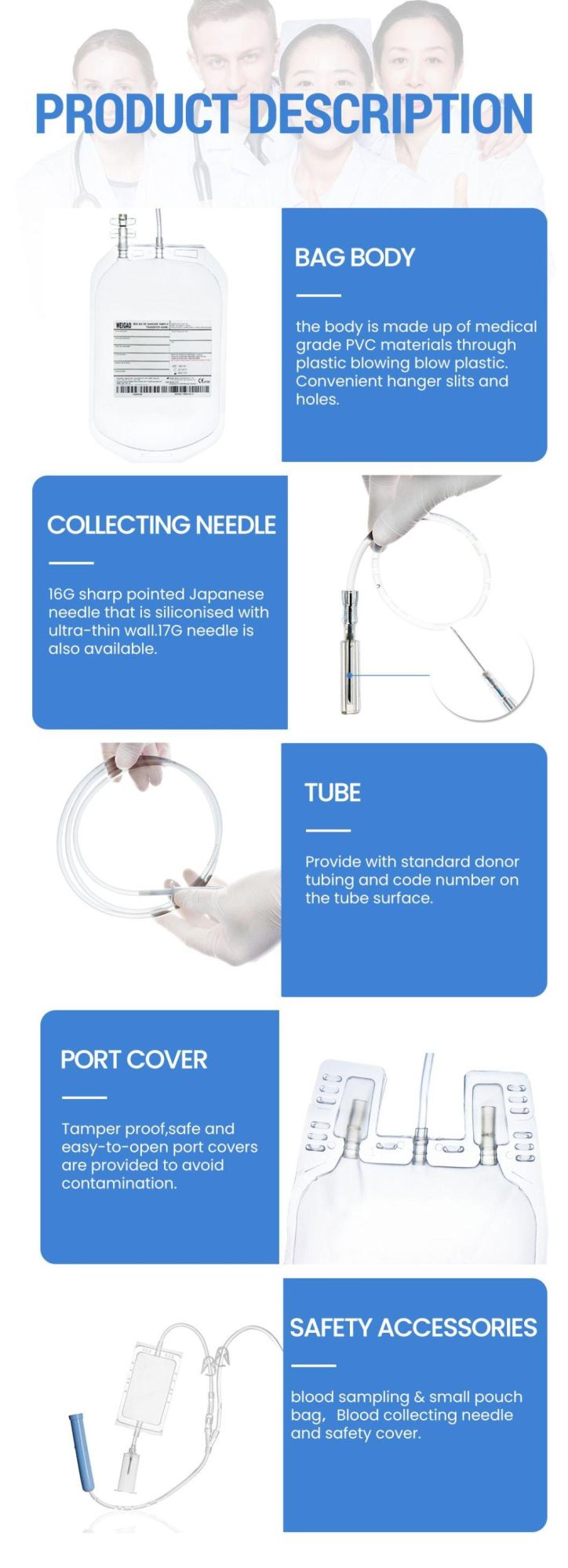 Medical Disposable PVC Sterile Blood Bag for Human with ISO CE