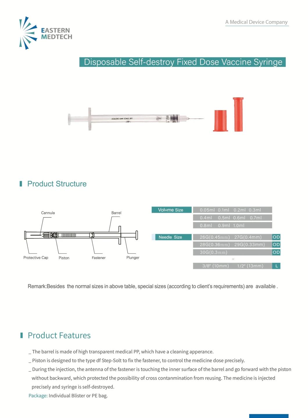 Disposable Medical Device High Quality Ad Self-Destroy Fixed Dose Vaccine Syringe 1ml