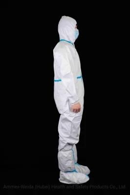 Full-Body Gown Disposable Type4/5/6 White Coverall with Heat Sealed Blue Tape