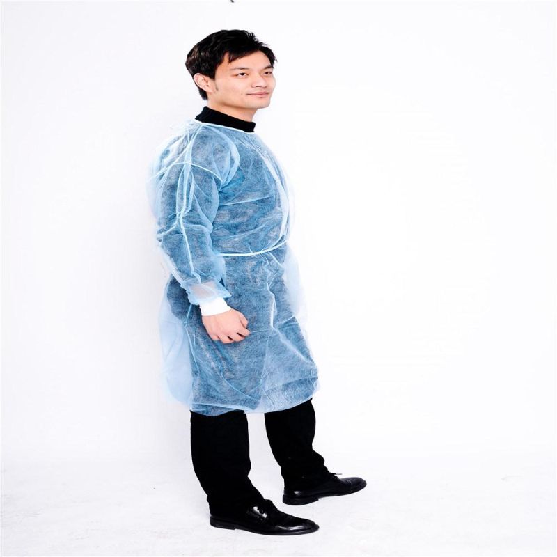 Disposable Isolation Gown Waterproof with Knit Cuff & Waist Ties Fluid Resistant Blue