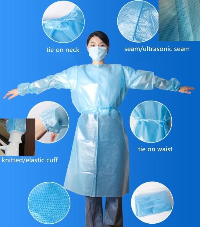 CE FDA ISO13485 Spp SMS SMMS Medical Protective Isolation Gown with Knitted Cuff Velcro Neck From Manufacturer