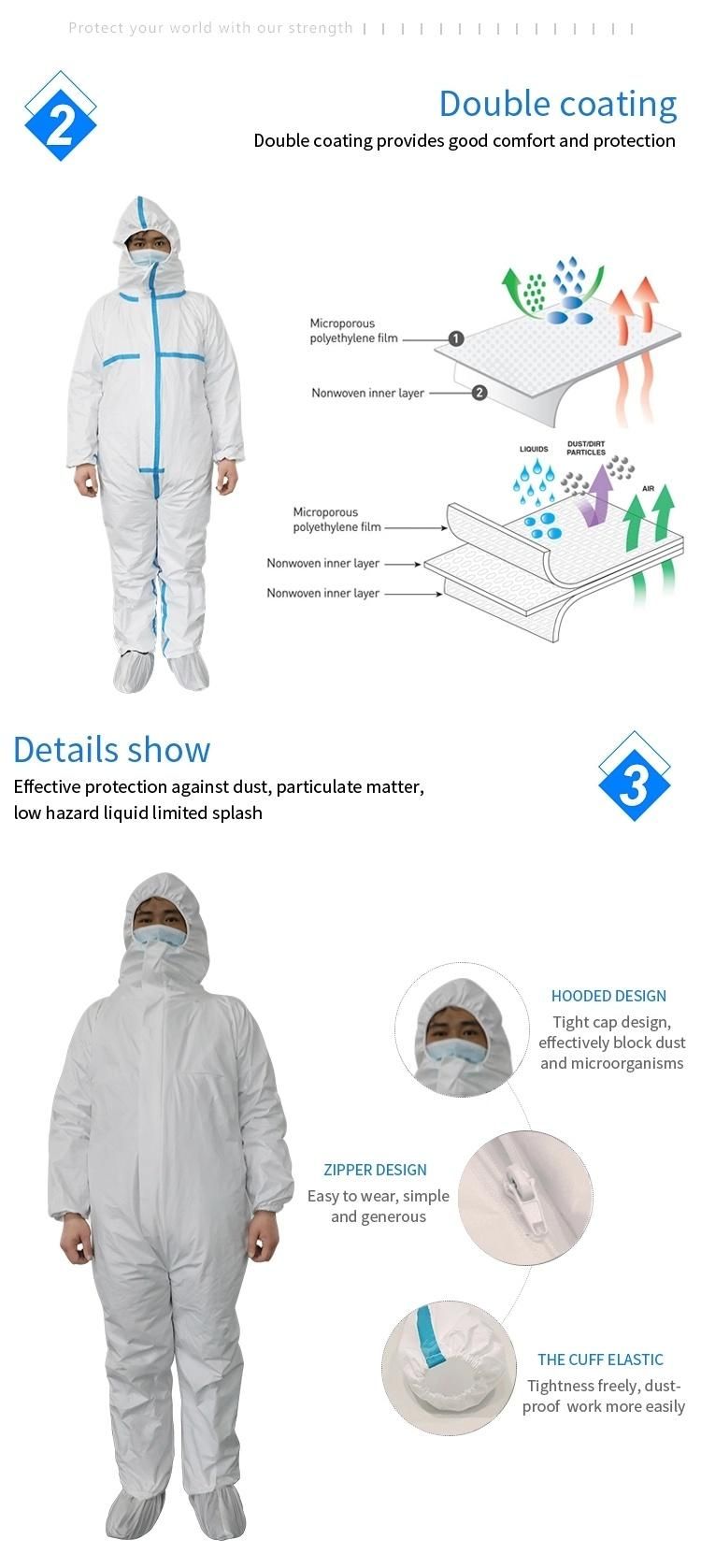 Disposable Fluid Resistant Non-Woven Isolation Gown SMS PP PE with Knitted Cuff Elastic Cuff