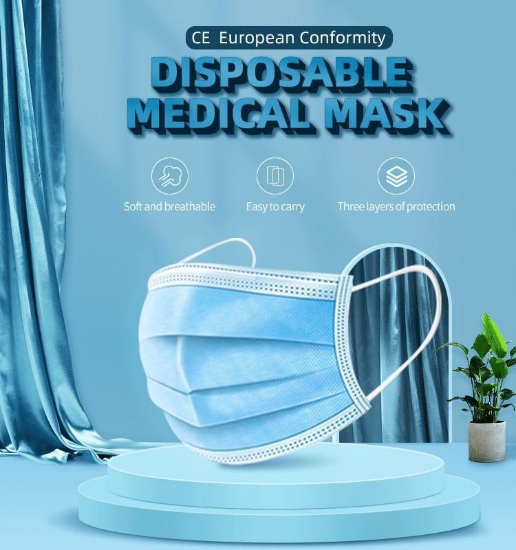 Factory Latex Custom SGS 50PCS/Box Blue/Black Designer PPE 3 Ply Extra Soft Ear Loop Pain-Free Disposable Respirator Full Medical Surgical Face Mask