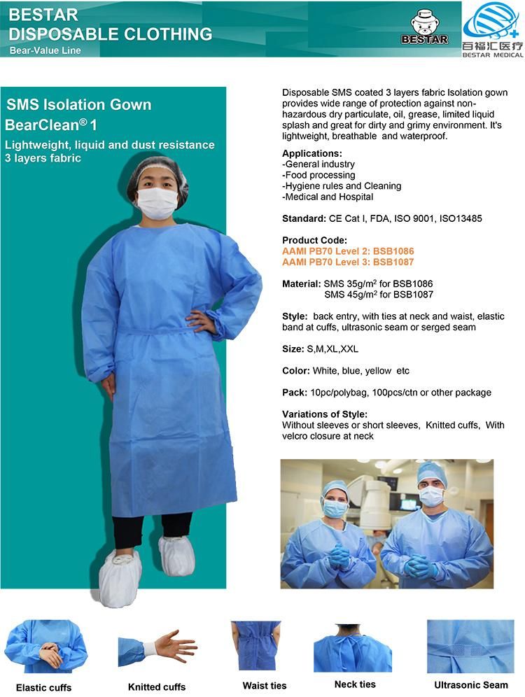 Blue Yellow Color Good Price AAMI PB70 Level 2 Level 3 Nonwoven SMS Medical Isolation Gown with Mdr EU2017/745