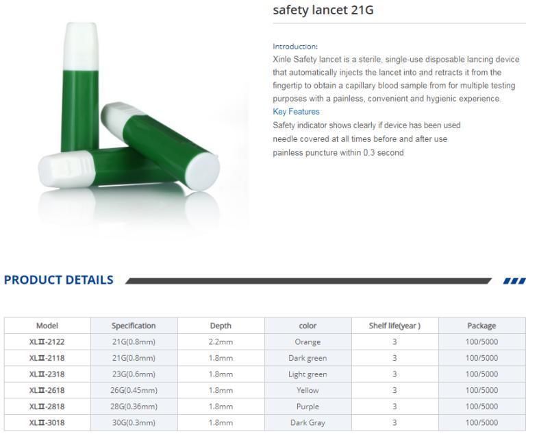 Disposable Contact-Activated Fingertip Safety Blood Lancet 21g