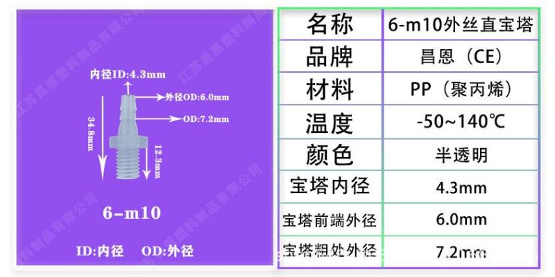 High Temperature Resistance and Corrosion Resistance PP Plastic Outer Wire Straight Pagoda M5m6 Outer Wire M10 Outer Straight Pipe Pagoda Joint