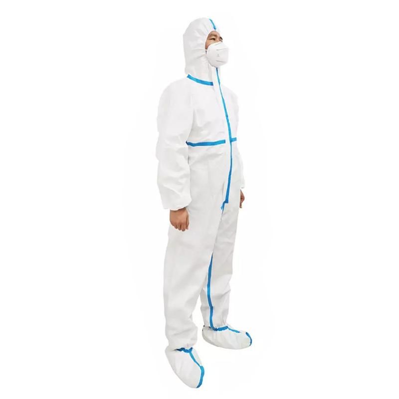 White Disposable Coverall Suit Non Woven Isolated with Blue Stripe