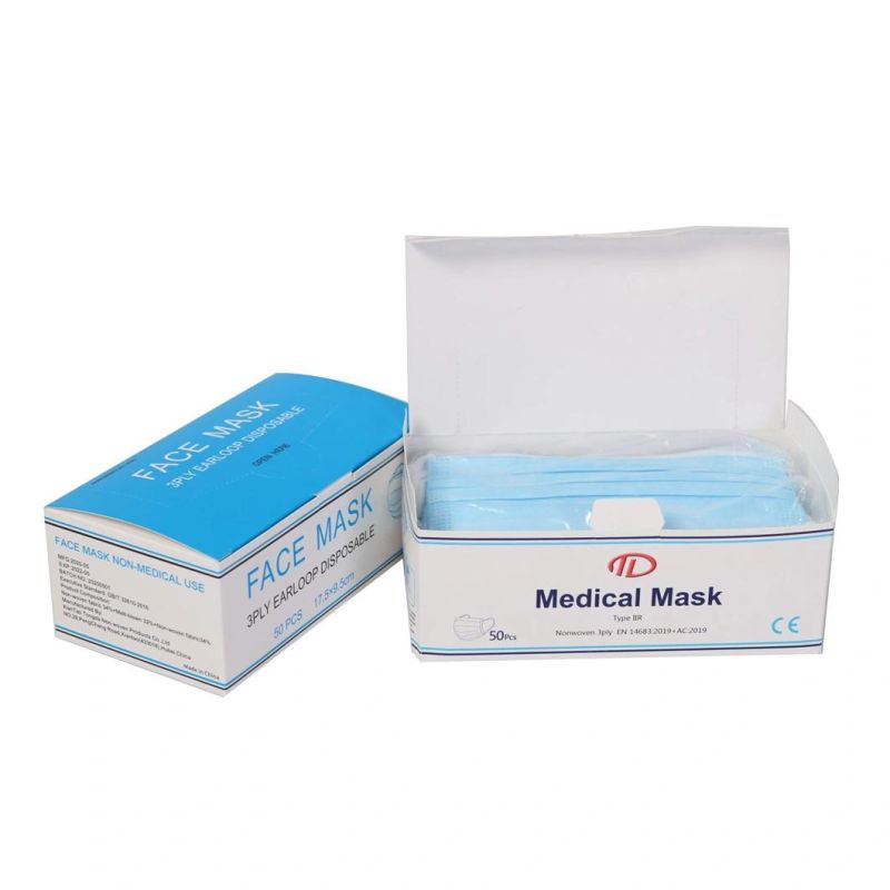 CE En 14683 Type Iir Medical Facemask 3 Ply Disposable Face Mask Box 50PCS