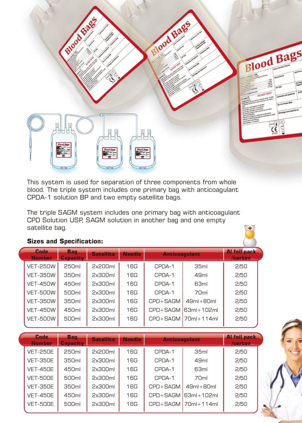 Disposable Double Cpda-1 Solution Blood Transfusion Set Bag