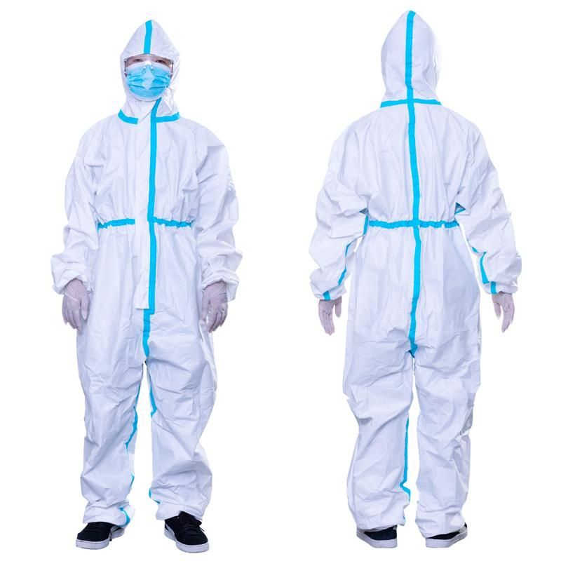 White Disposable Coverall Suit Non Woven Isolated with Blue Stripe