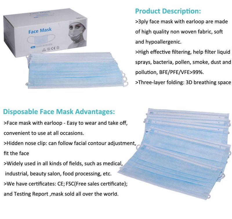 Ce Manufacture Hot Sales 3 Ply Non-Woven Face Mask Medical Face Mask Disposable Face Mask with Ear Loop