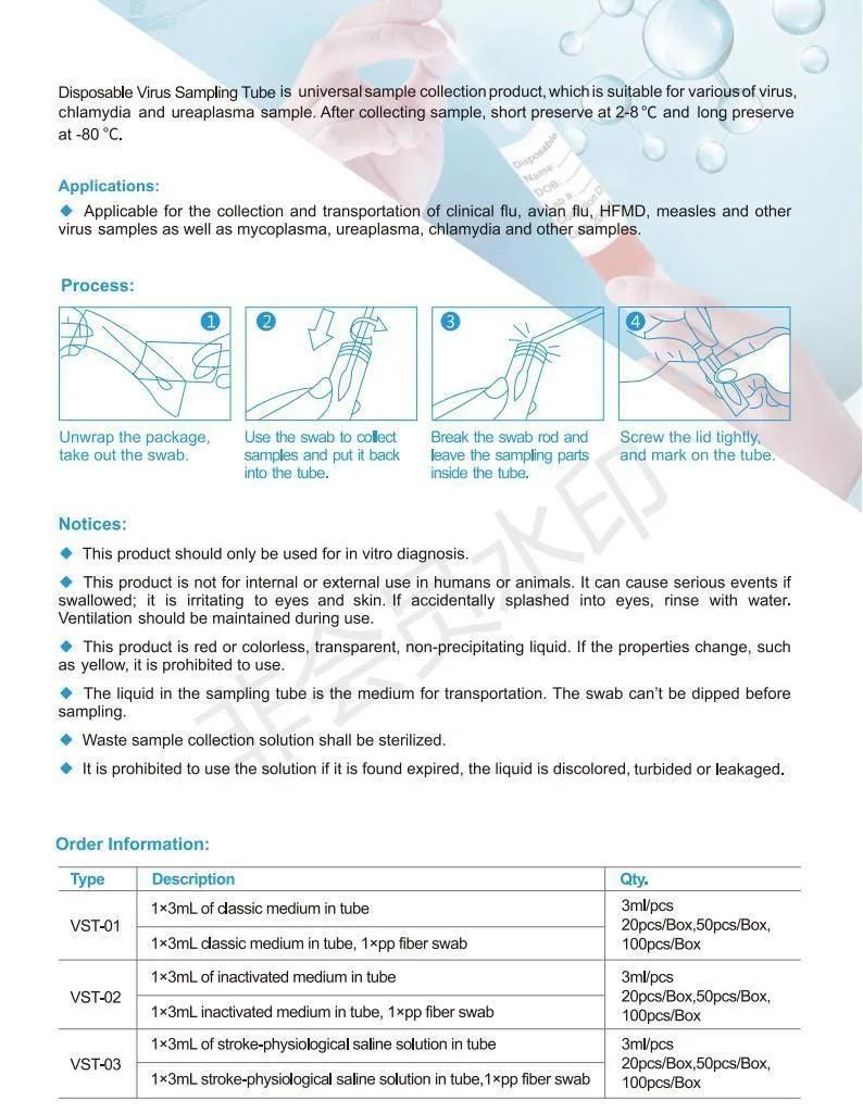 Disposable Activated Viral Transport Medium Non-Inactivated Vtm Active Virus Sampling Tube with CE Certificate