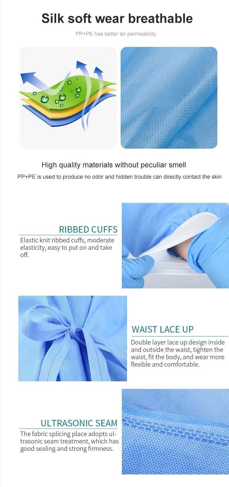 Factory Direct Supply Disposable Non-Woven Surgical Gown SMS Medical Isolation Gown One-Piece Protective Gown with Hood