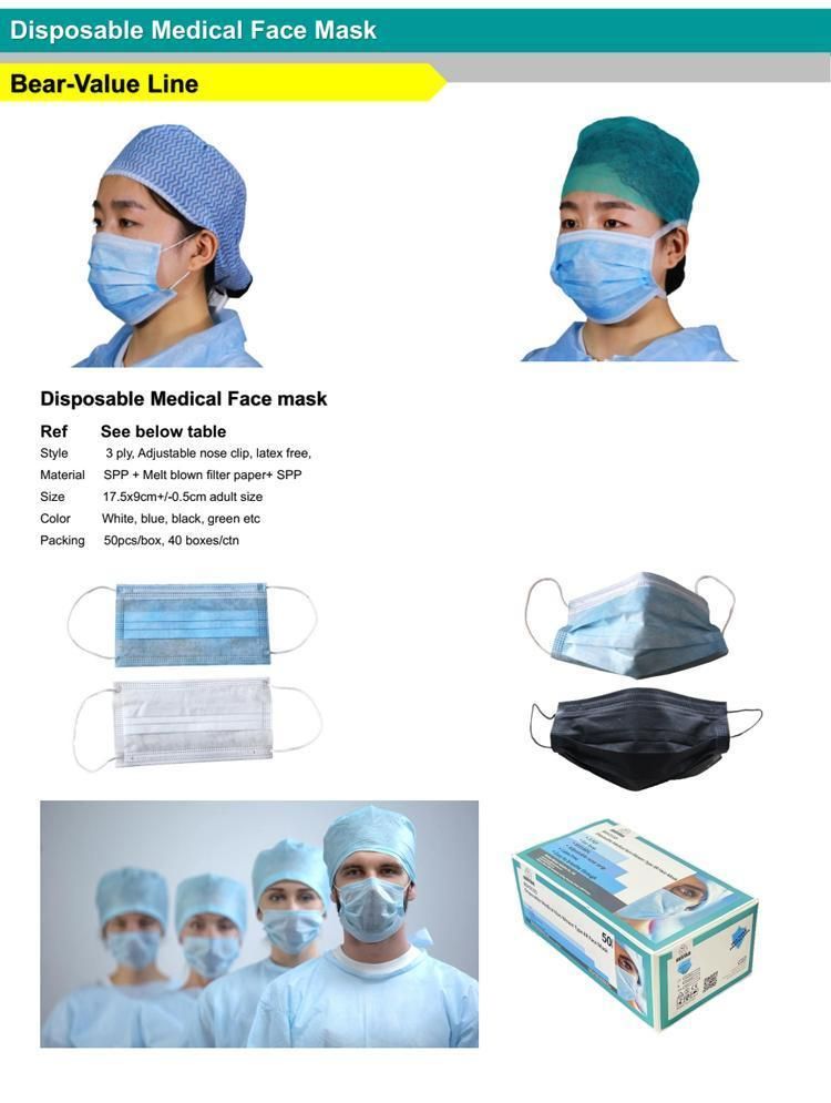 Type Iir En14683 Medical Nonwoven Disposable Protective Spp Face Mask 3ply with Earloop