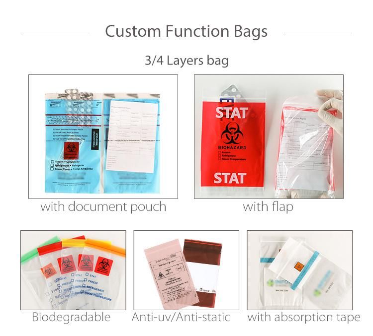 Triple Medical Un3373 Transparent Transport 95kpa Absorbent Sealed Zip Specimen Collection Bag with Pouch