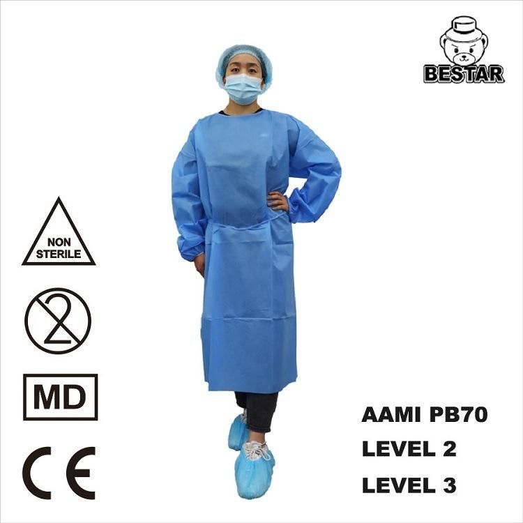 AAMI PB70 Level 2 Level 3 Nonwoven SMS Medical Isolation Gown with Mdr EU2017/745