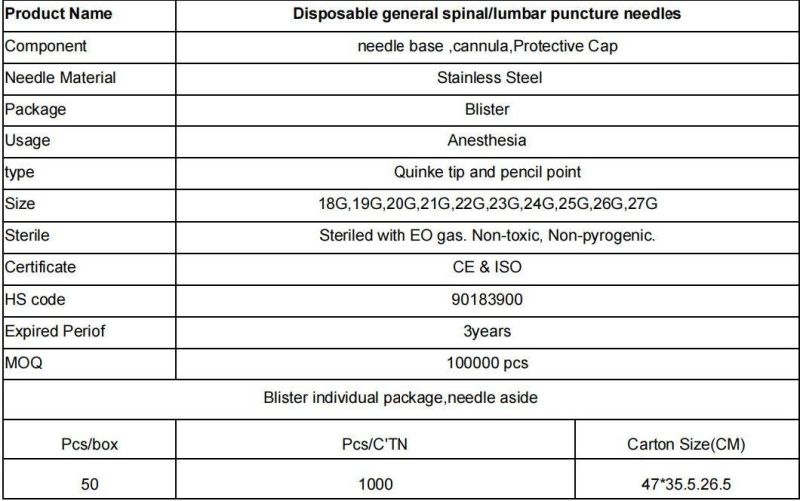 Disposable Sterile Spinal Anesthesia Needle for Lumbar Puncture with Pencil Quickle Point