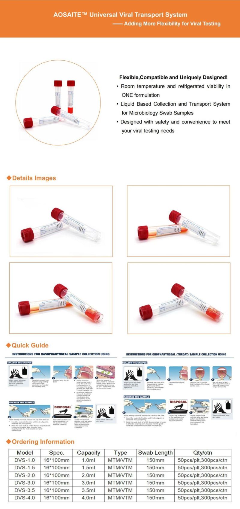 Disposable Sterile Viral Vtm Test Tube with Nasopharyngeal Flockedl Swab