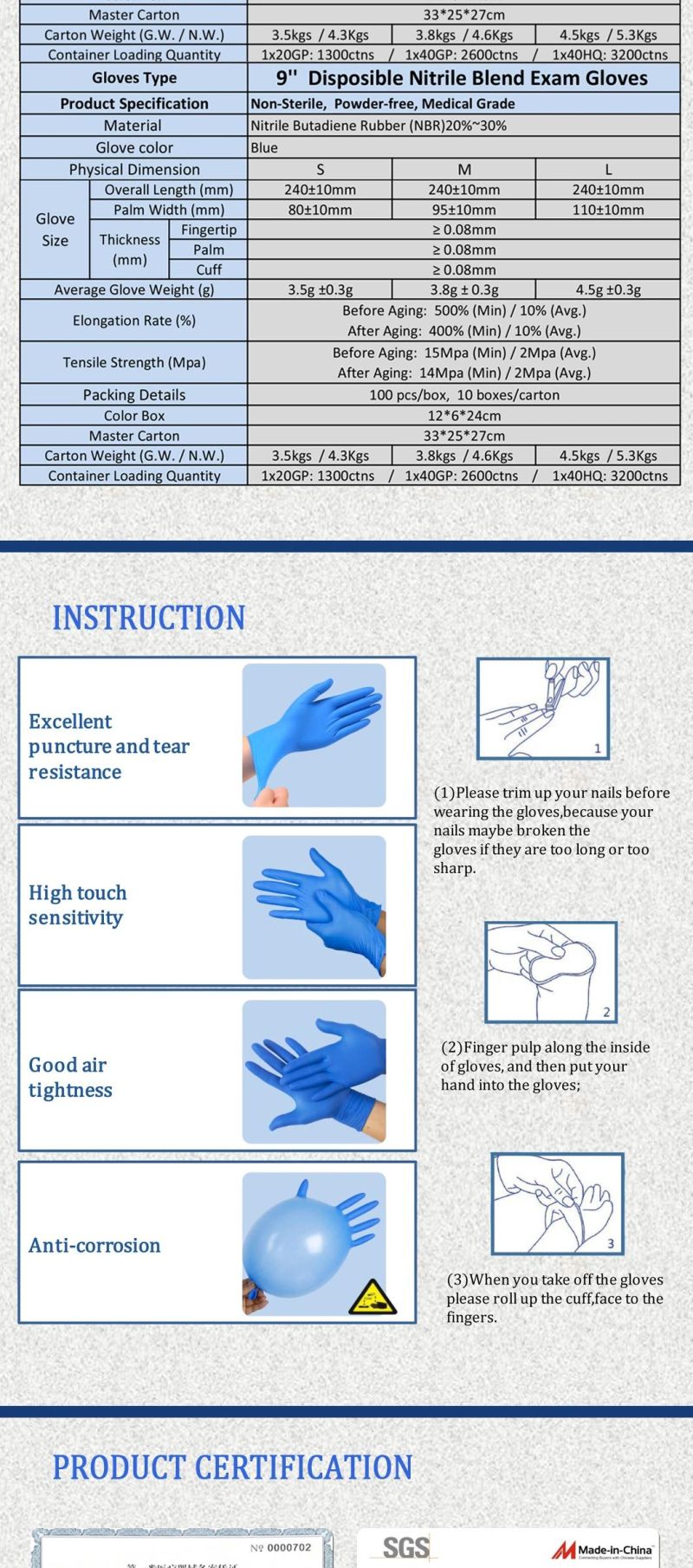 Blue/Black Cheap High Powdered Made in China Competitive Manufacturer Price Food Grade Disposable Large Nitrile Latex Medical Examination Gloves