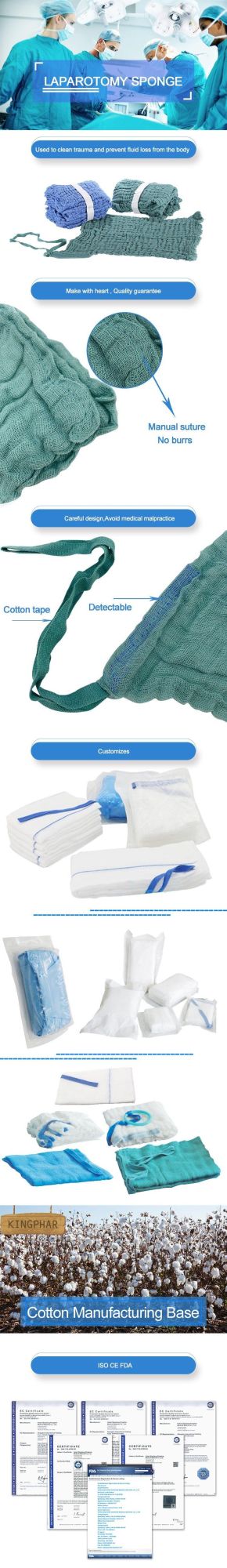 Disposable Surgical Washed Sterile Green Gauze Cotton Lap Sponge with X-ray