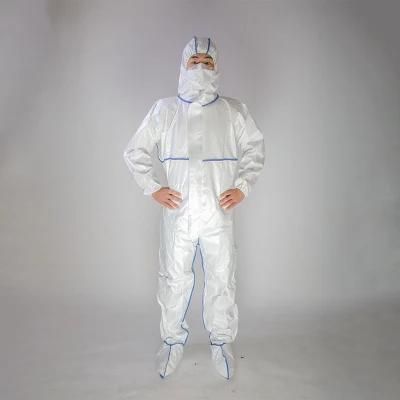 White Waterproof Safety Coverall PPE Kits Sf Disposable Protective Clothing with Blue Bound Seams