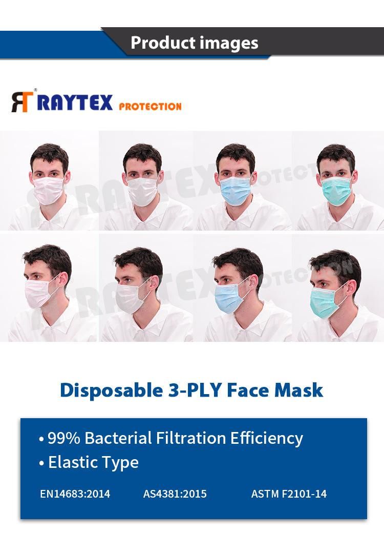 Raygard En14683 CE Type Iir Standard Disposable Non-Woven Surgical Face Mask for Hospital Industrial Farm 3ply Bfe99 Face Mask