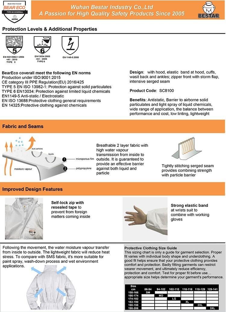 CE Certified Waterproof Nonwoven Disposable Microporous Film Type 5/6 Virus Protection Medical Coverall