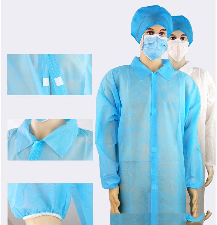 Medical Supplies Disposable PPE SMS PP Labcoat Gown Lab Coat Lab Jacket with Collar Snaps Pocket From Factory with CE