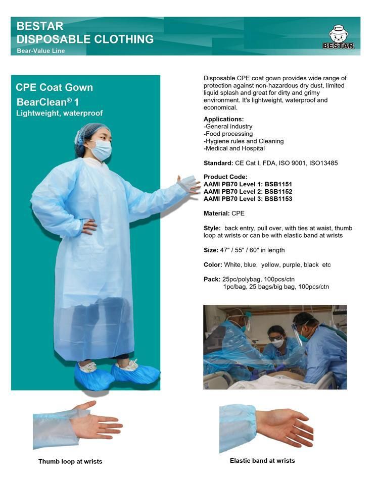 Disposable Plastic Medical AAMI PB70 Level 1 Level 2 Level 3 CPE Coat Gown Apron CPE Gown