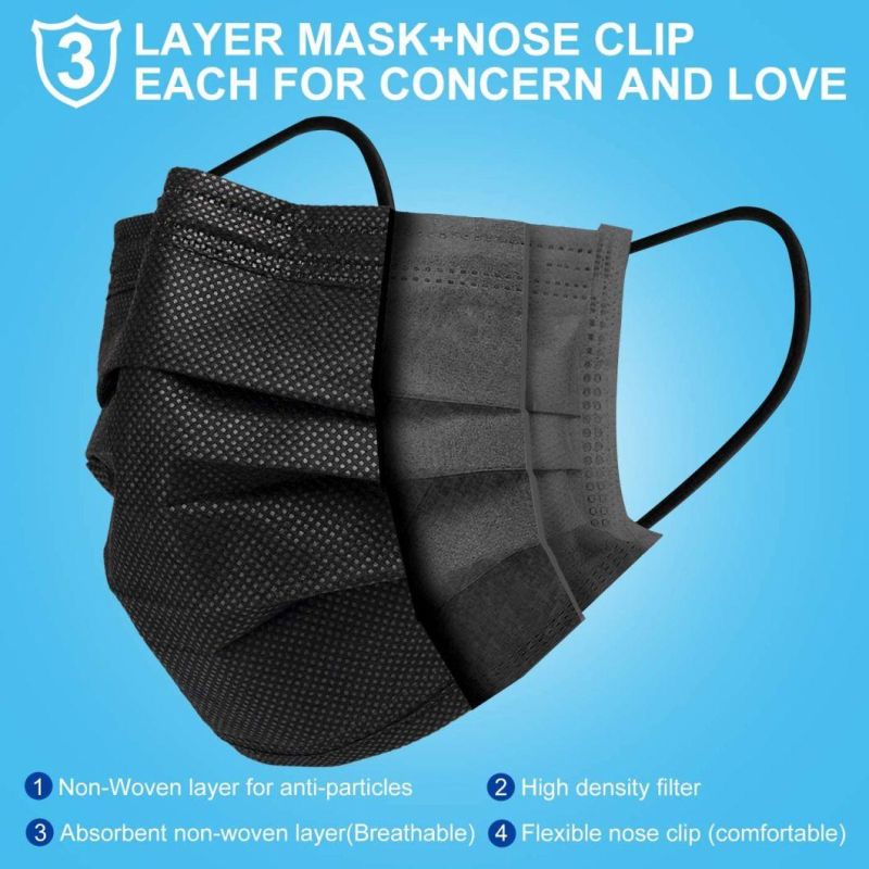 Black Disposable Face Masks 3 Ply Breathable, Adjustable