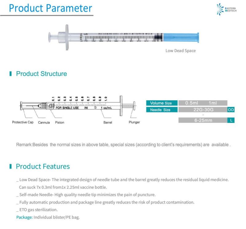 Strict Qms Eto Sterile Low Dead Volume 1ml/0.5ml X 23G&25g Needle Vaccine Syringe